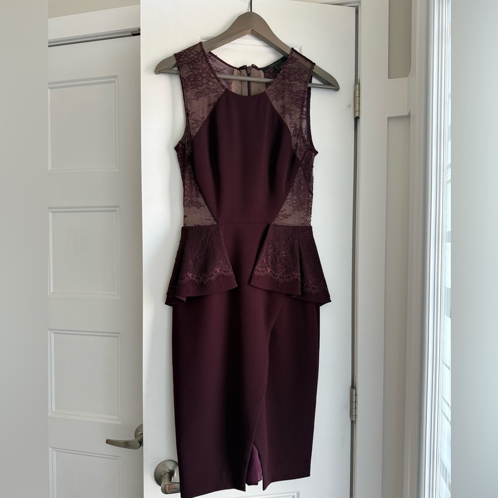 BCBGMaxAzria Burgundy Lace Peplum Midi Dress